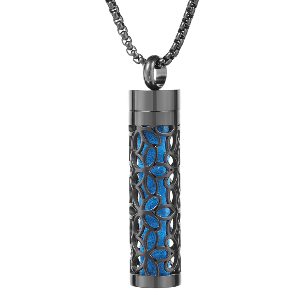 Black Cylindrical Women Various Patterns Stainless Steel Aromatherapy Essential Oil Necklace Perfume Diffuser Lockets Pendant