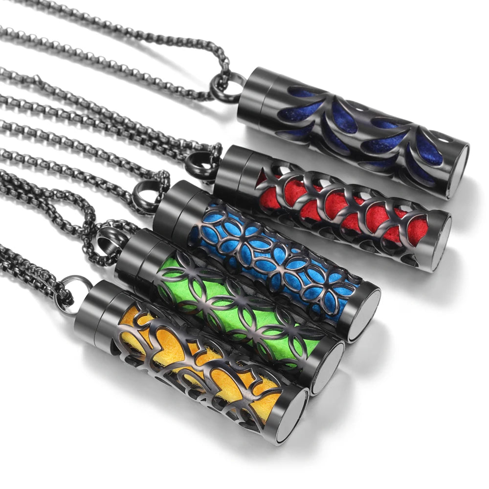 Black Cylindrical Women Various Patterns Stainless Steel Aromatherapy Essential Oil Necklace Perfume Diffuser Lockets Pendant