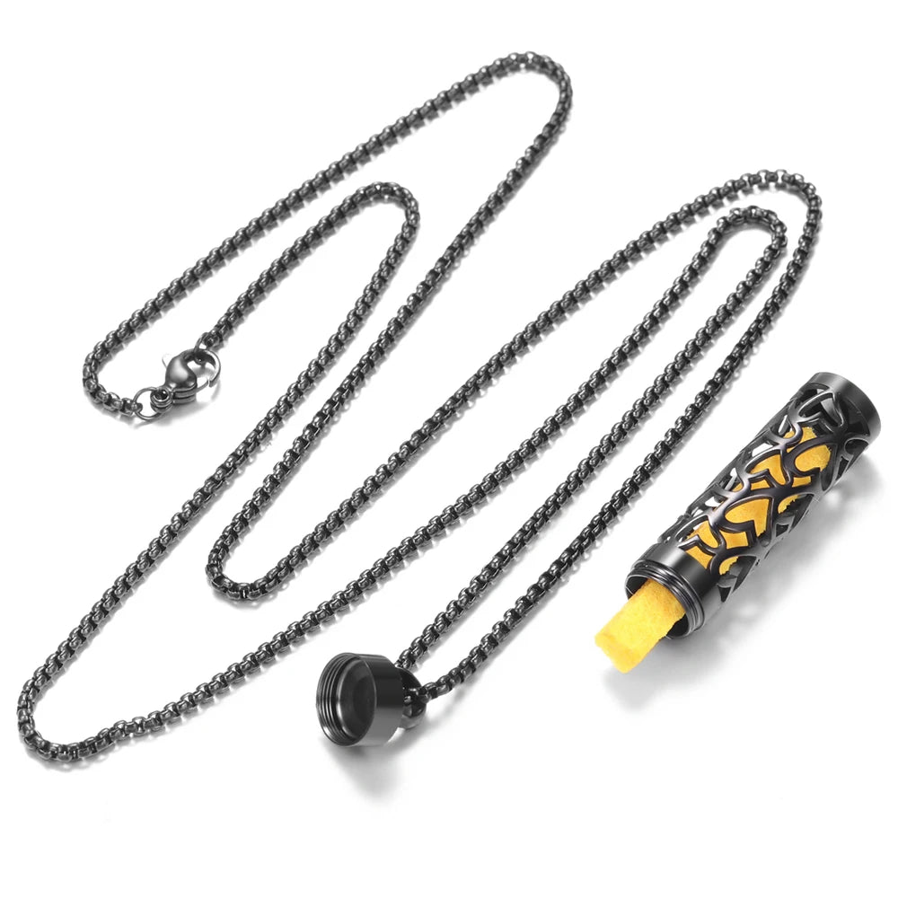 Black Cylindrical Women Various Patterns Stainless Steel Aromatherapy Essential Oil Necklace Perfume Diffuser Lockets Pendant
