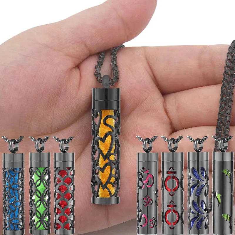 Black Cylindrical Women Various Patterns Stainless Steel Aromatherapy Essential Oil Necklace Perfume Diffuser Lockets Pendant