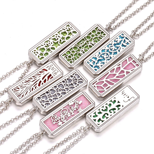 Aromatherapy Jewelry Essential Oil Diffuser Necklace Rectangle Vintage Flower Aroma Diffuser Necklace Pendant Locket Necklaces